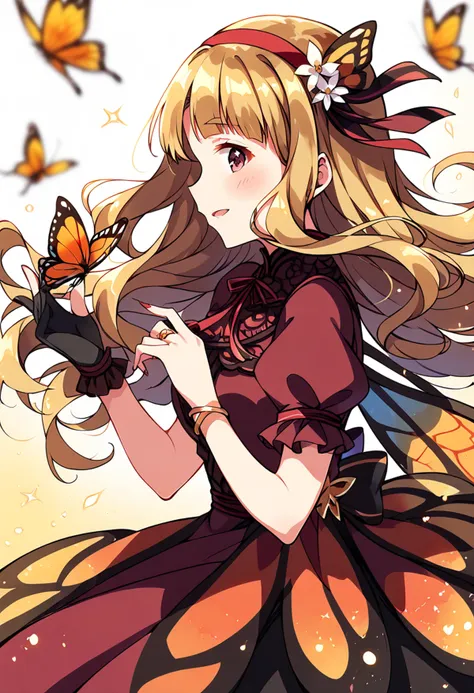 a close up of a girl in a dress holding a butterfly