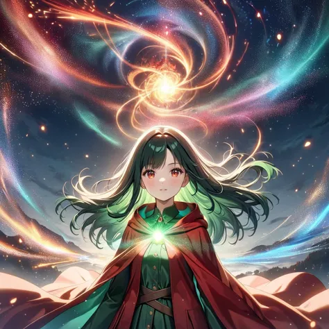 a girl with long hair and a cape standing in front of a spiral vortex