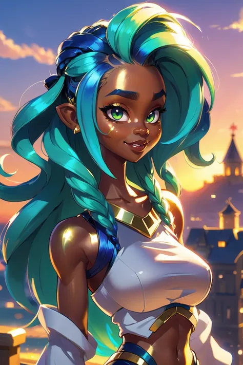 a woman with blue hair and green eyes standing in front of a castle