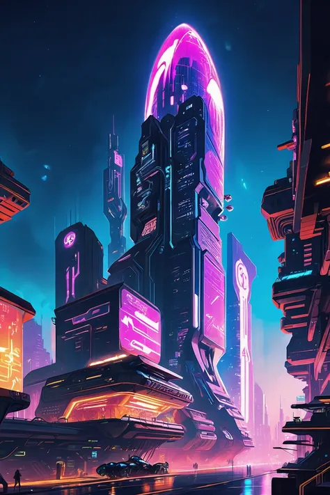 a futuristic city with neon lights and a futuristic building