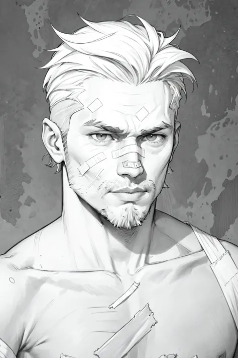 dskheroes, solo, short hair, 1boy, monochrome, greyscale, male focus, inked, pencil, hatched lines, messy art, facial hair, bandages, portrait, bandaid, stubble, bandaid on face, bandaged head , <lora:Heroes_Style:0.6>