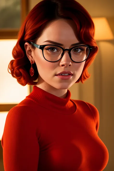 (face-daisyridley:1.0) sexy portrait photo of real life velma from scooby doo played by daisy ridley short red hair black rim gl...