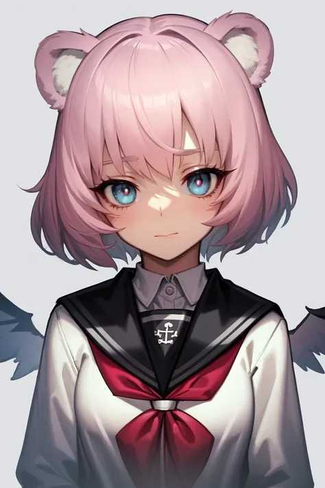 skistyle, 1girl, solo, pink hair, animal ears, blue eyes, wings, looking at viewer, bangs, short hair, bow, sailor collar, simpl...