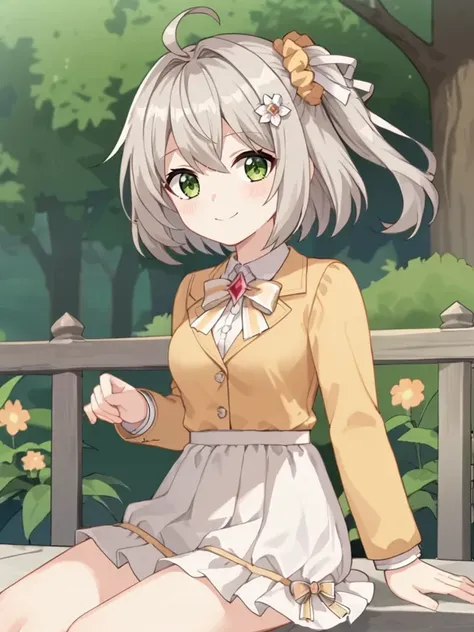 anime girl sitting on a bench in a park with a tree in the background