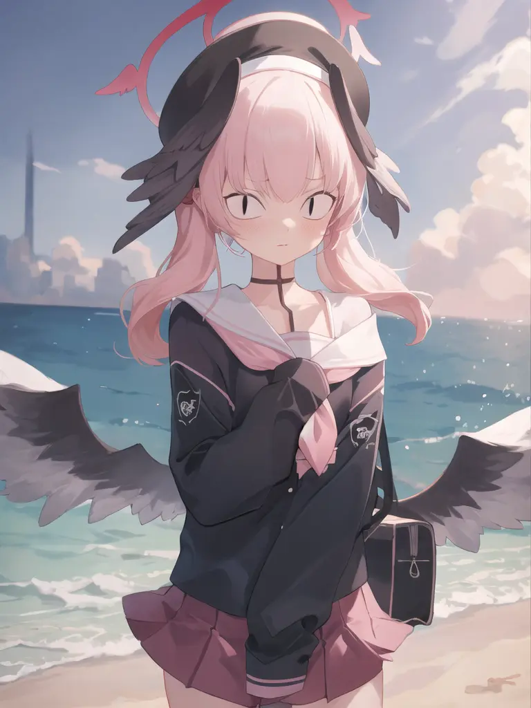 koharu_\(blue_archive\),1girl,school_uniform,solo,look_at_viewer,pink_hair,pleated_skirt,beach