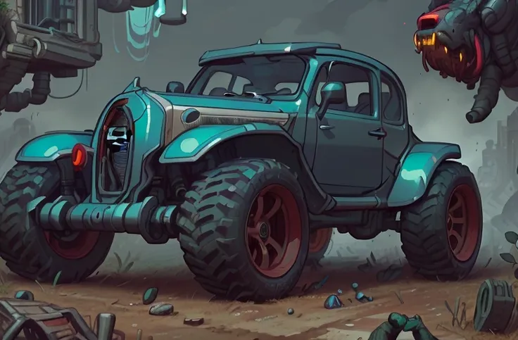 cartoon illustration of a monster truck with a monster like head