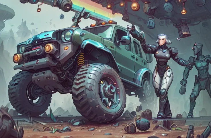 illustration of a monster truck with a man standing next to it