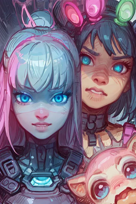 a close up of two anime characters with blue eyes