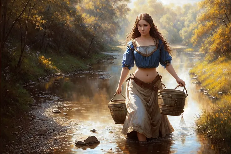 fantasy drawing, medieval, beautiful peasant maiden in carries two water buckets down to a creek, exposed midriff, rule of third...