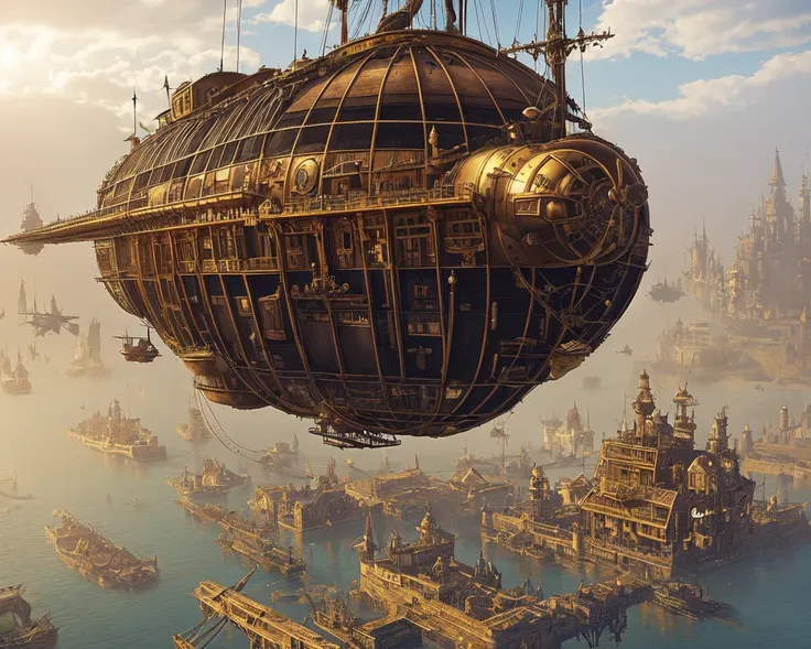 steampunk airship flies towards a medieval floating city