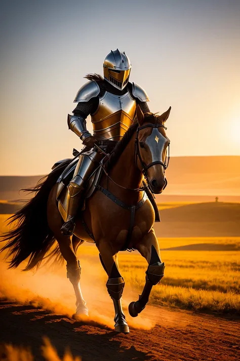 armored knight charges on horseback towards camera, lance, open field, sunset, golden hour, hd, ultra detailed, 8k, ultra sharp