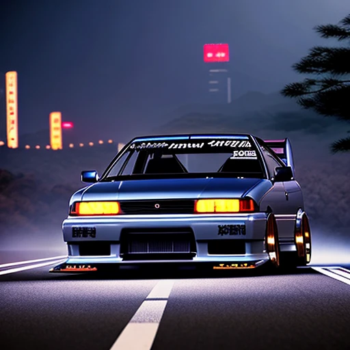 a car jzx100 twin turbo drift in middle of road, gunma prefecture, city midnight mist lights, cinematic lighting, photorealistic...