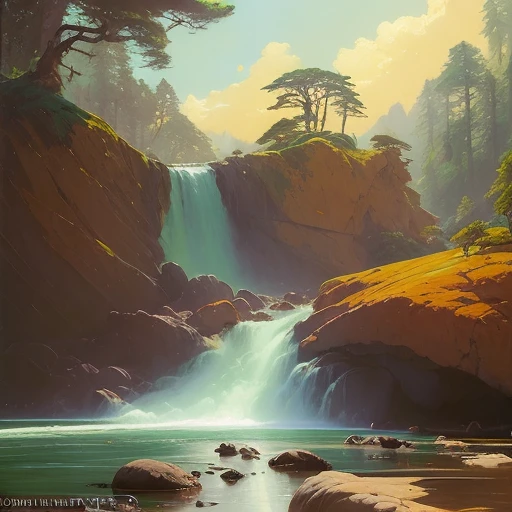 pebble beach waterfall, extremely detailed oil painting, unreal 5 render, rhads, sargent and leyendecker, savrasov levitan polen...