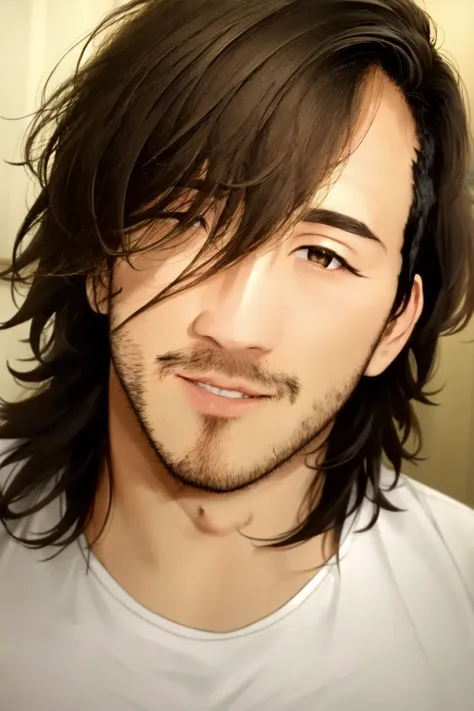 <lora:Markiplier:.7> Markiplier, 1boy, male focus, solo, facial hair, shirt, white shirt, teeth, stubble, blurry, beard, portrait, brown hair, long hair,looking at viewer, parted lips, brown eyes, heart shaped face, shaded face,