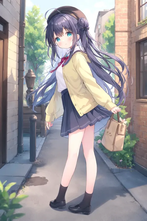 anime girl with long hair and a yellow jacket walking down a street