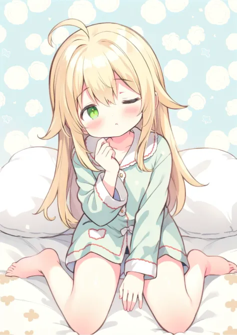 anime girl sitting on a bed with a pillow and a pillow