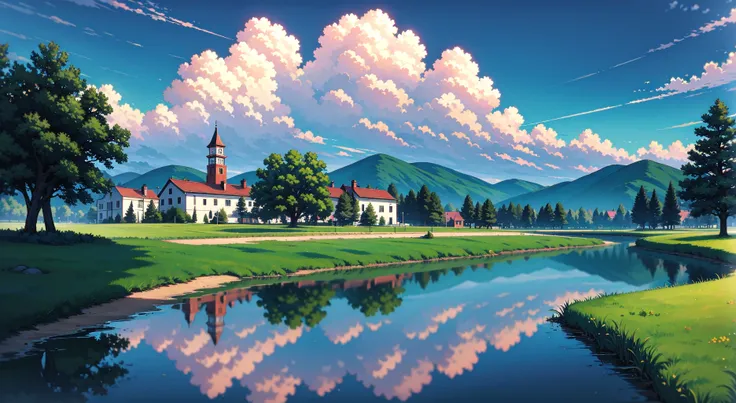 anime scenery of a church and a river with a church in the background