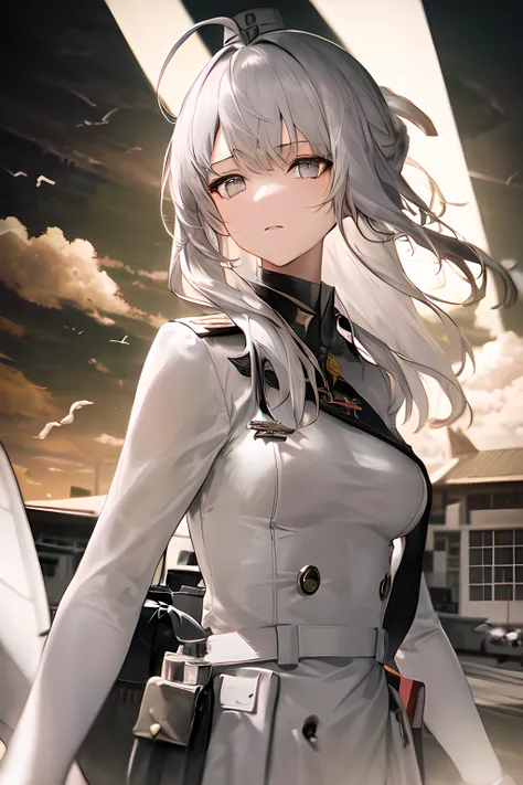 solo,masterpiece, best quality,1girl, ahoge, aircraft, airplane, bird, cloud, cloudy_sky, cross, crown, fighter_jet, flying, glo...