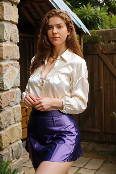 arafed woman in a purple skirt posing in front of a stone wall