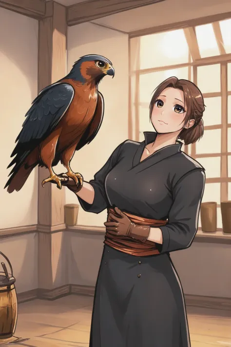 anime image of a woman holding a bird in a room