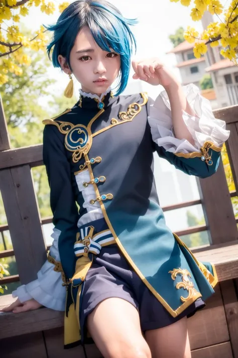 masterpiece, best quality,xingqiu (genshin impact),(boy:1.4), 1man, (male focus:1.2), solo, jewelry, blue hair, earrings, frilled sleeves, yellow eyes, single earring, frills, looking at viewer, long sleeves, water, bangs, tassel earrings, tassel,