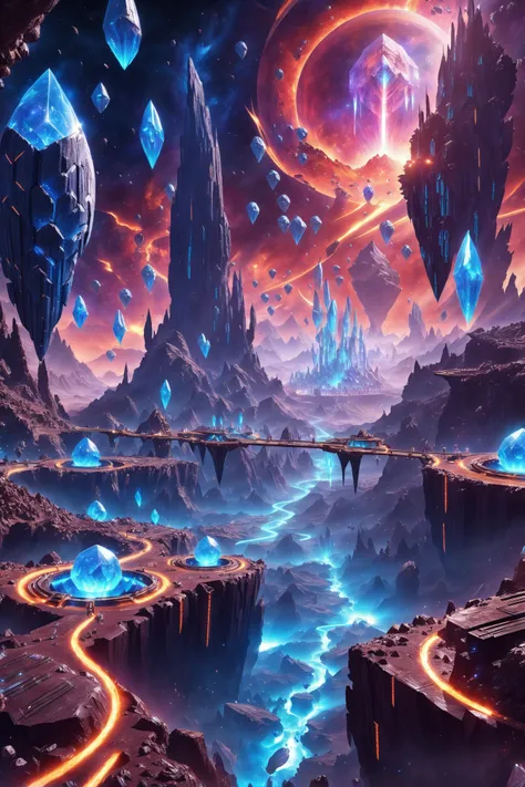 a futuristic landscape with a river and mountains in the distance