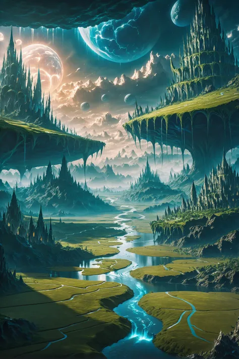 a painting of a fantasy landscape with a river and mountains