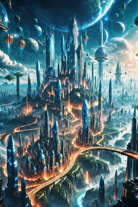 a futuristic city with a futuristic sky and planets