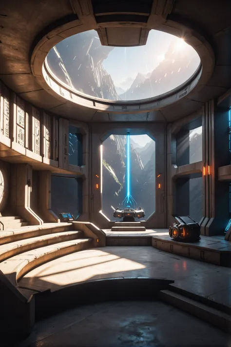 a close up of a futuristic looking room with a circular ceiling