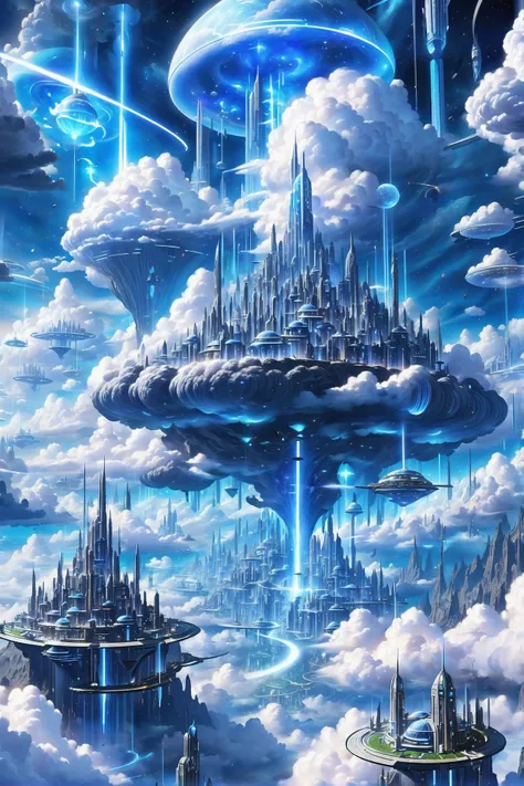 a painting of a futuristic city surrounded by clouds and stars