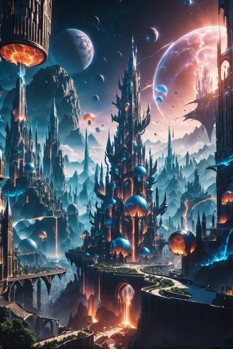 a futuristic city with a lot of planets in the sky