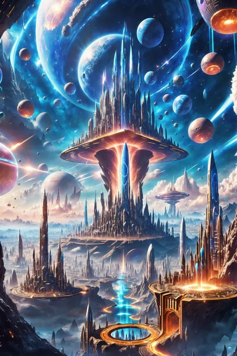 a painting of a futuristic city with a giant tower surrounded by planets