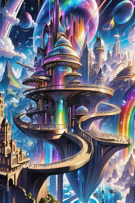 a painting of a futuristic city with a rainbow fountain