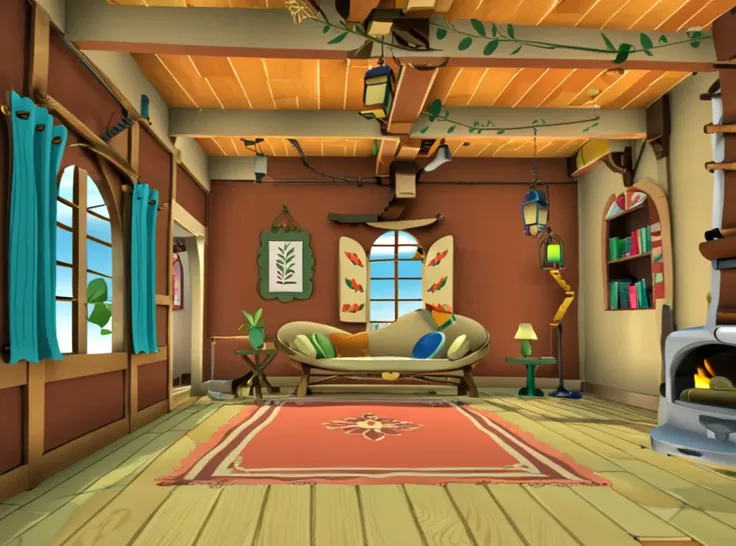 cartoon living room with a fireplace and a couch in it