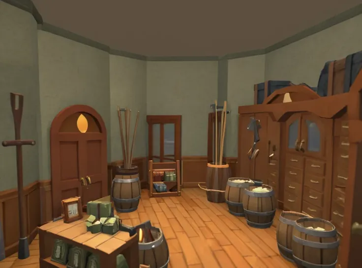 there is a room with a lot of barrels and a table