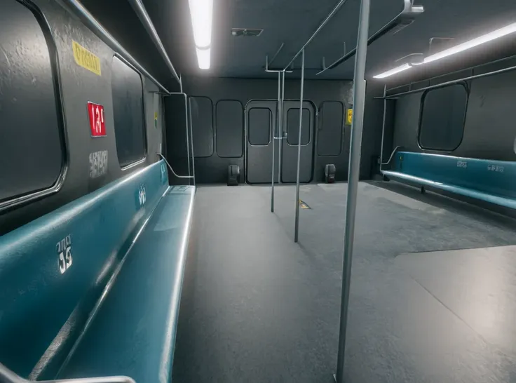 there is a empty train car with a blue bench in it