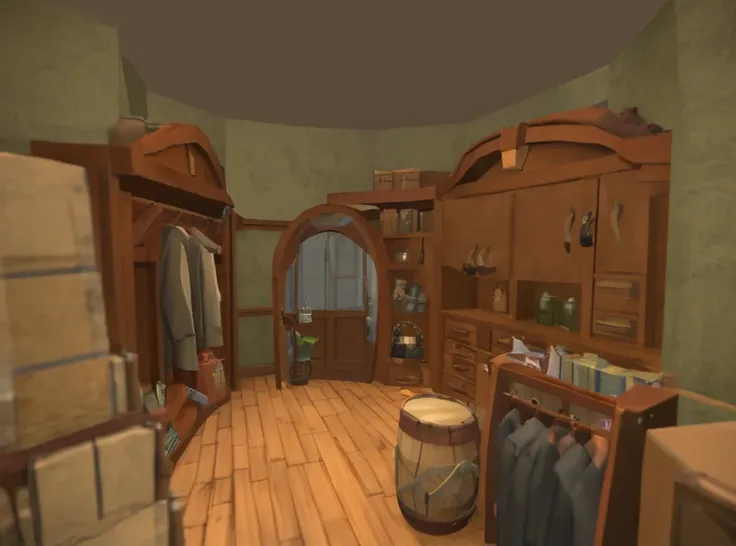 there is a room with a lot of clothes and a wooden floor