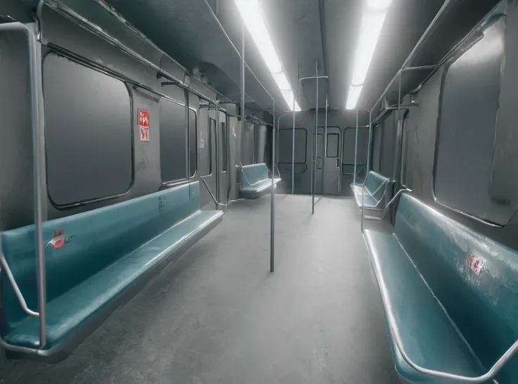 there is a empty subway car with blue seats and a red sign