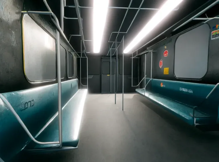 there is a empty subway car with a blue seat and a black wall