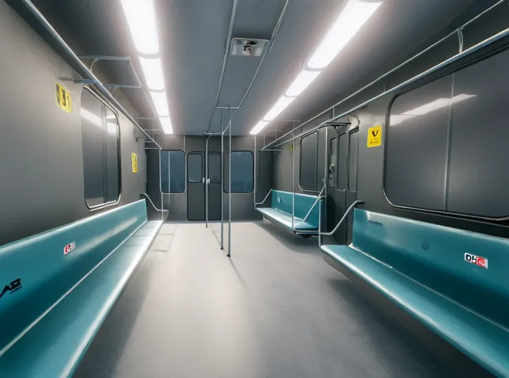 there is a long empty train car with blue seats