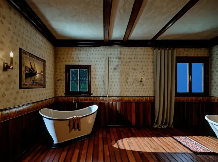 there is a bathtub in a bathroom with a wooden floor