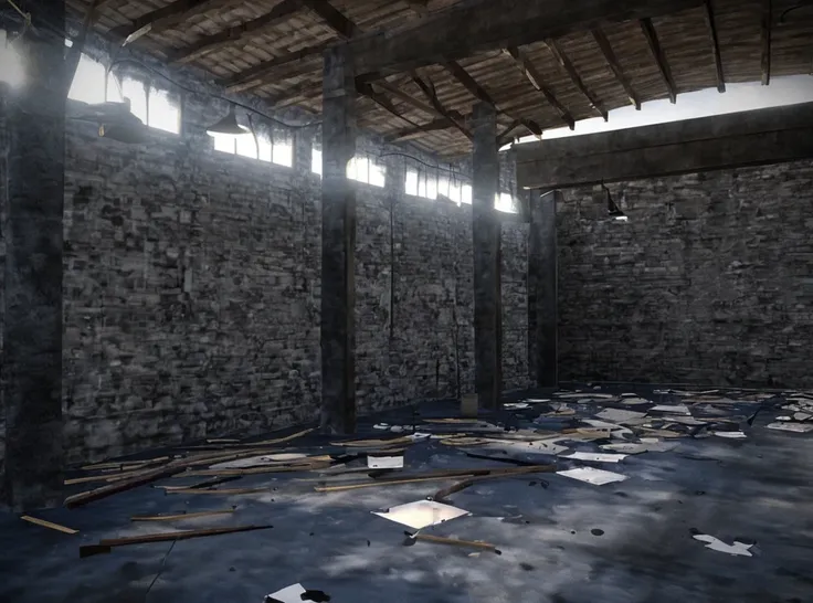 arafed room with a brick wall and a lot of debris