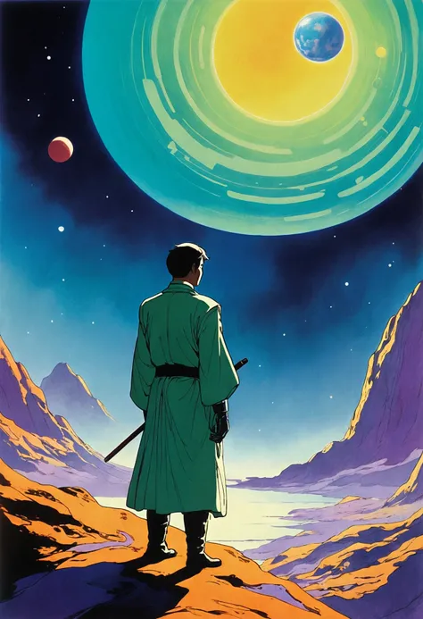 sci-fi style minimalist style stylized by Suehiro Maruo, painting, 1910s "I still havent found what Im looking for.", Movie still, Surprising, 35mm, Vivid Colors, A captivating painting by Suehiro Maruo in 1910s style, depicts a mans journey through life a...