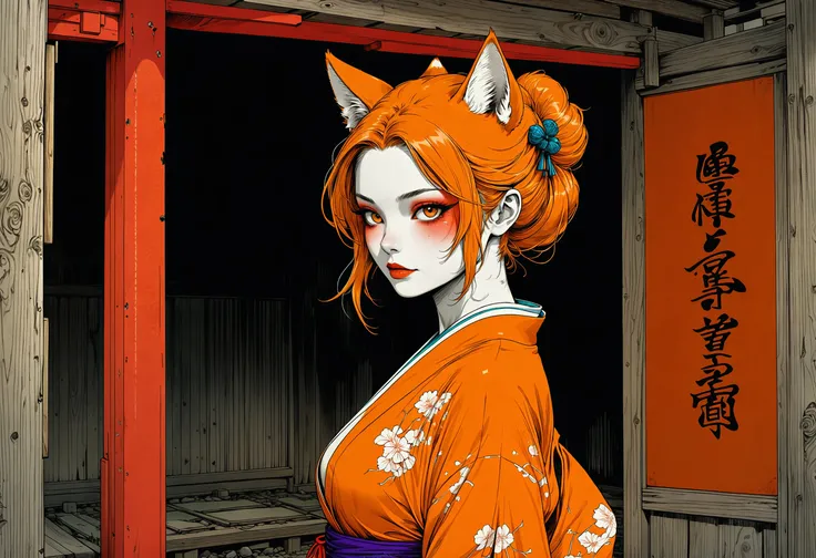 breathtaking comic minimalistic artwork, (hand drawn, comic:1.2) intricately detailed linework, vibrant colors, a sexy cat girl, kitsune, open kimono, erotic, in a derelict shinto shrine, dark and dim, line art, cell shading . graphic illustration, comic a...