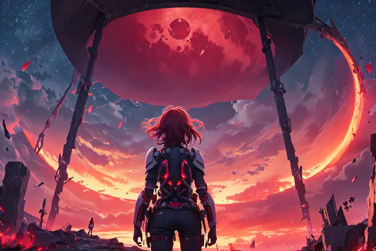 1girl, from behind, exoskeleton, facing a dimension gate far away, red moon in the center, wind, old scenery focus