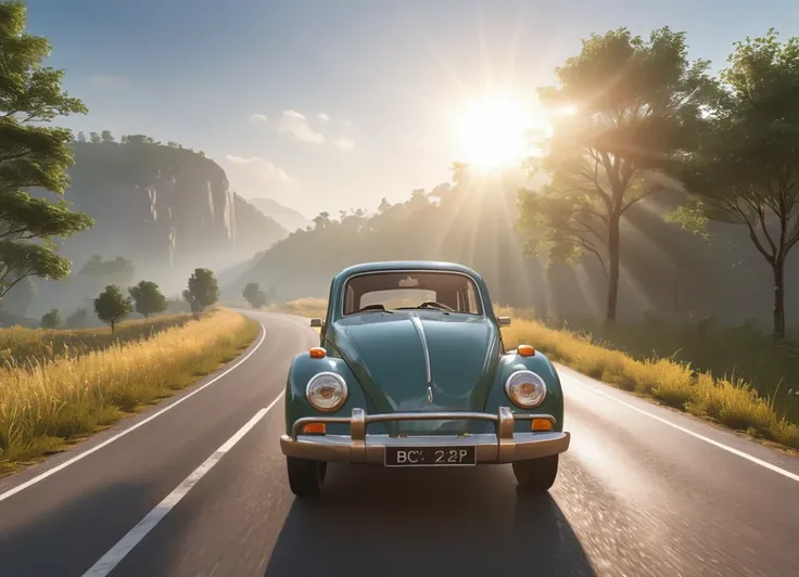 a close up of a car driving down a road near a forest