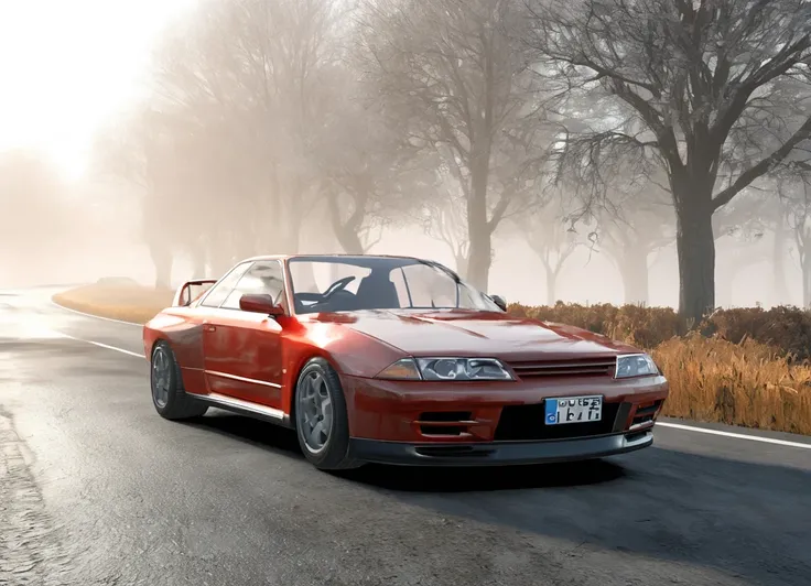 a close up of a red car driving down a road near trees