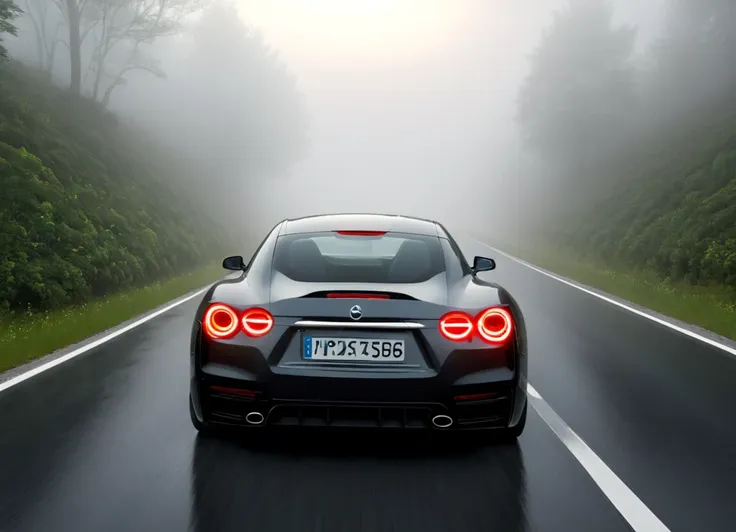 a close up of a car driving on a road in the fog