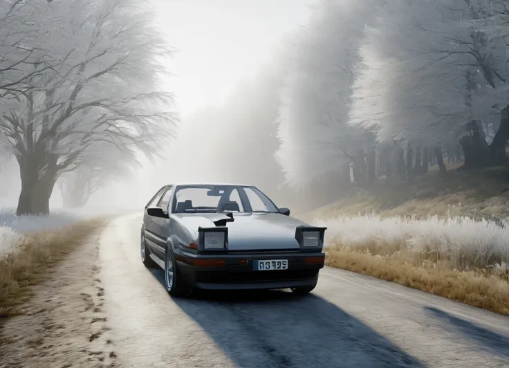 arafed car driving down a road in the foggy countryside