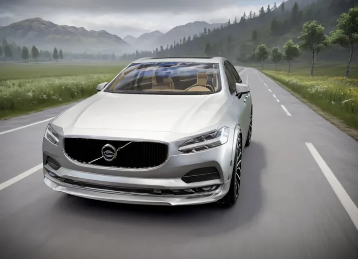 a white volvo car driving down a road with mountains in the background